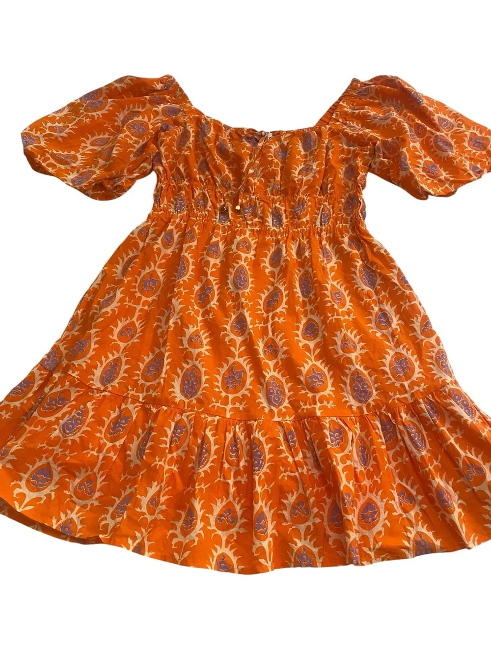 Petal & Pup Orange Printed Square-Neck Puff-Sleeve Carmen Mini Dress New size 8